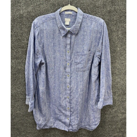 Chicos No Iron Linen Top Womens 2.5/Large Blue Button Front Tunic Half Sleeve - Picture 2 of 12